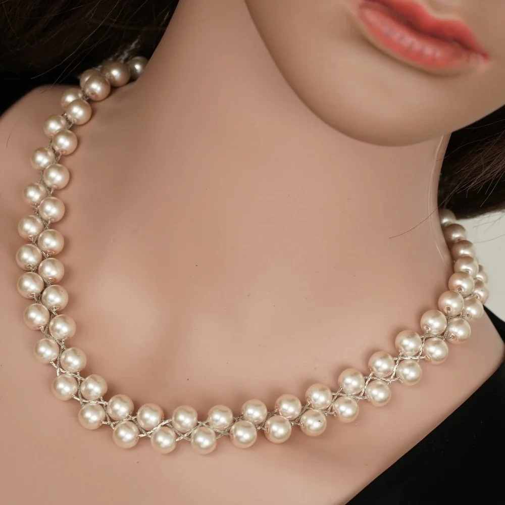 Double Strand Woven Faux Pearl Necklace Silver Tone Cream Beaded Statement Clasp